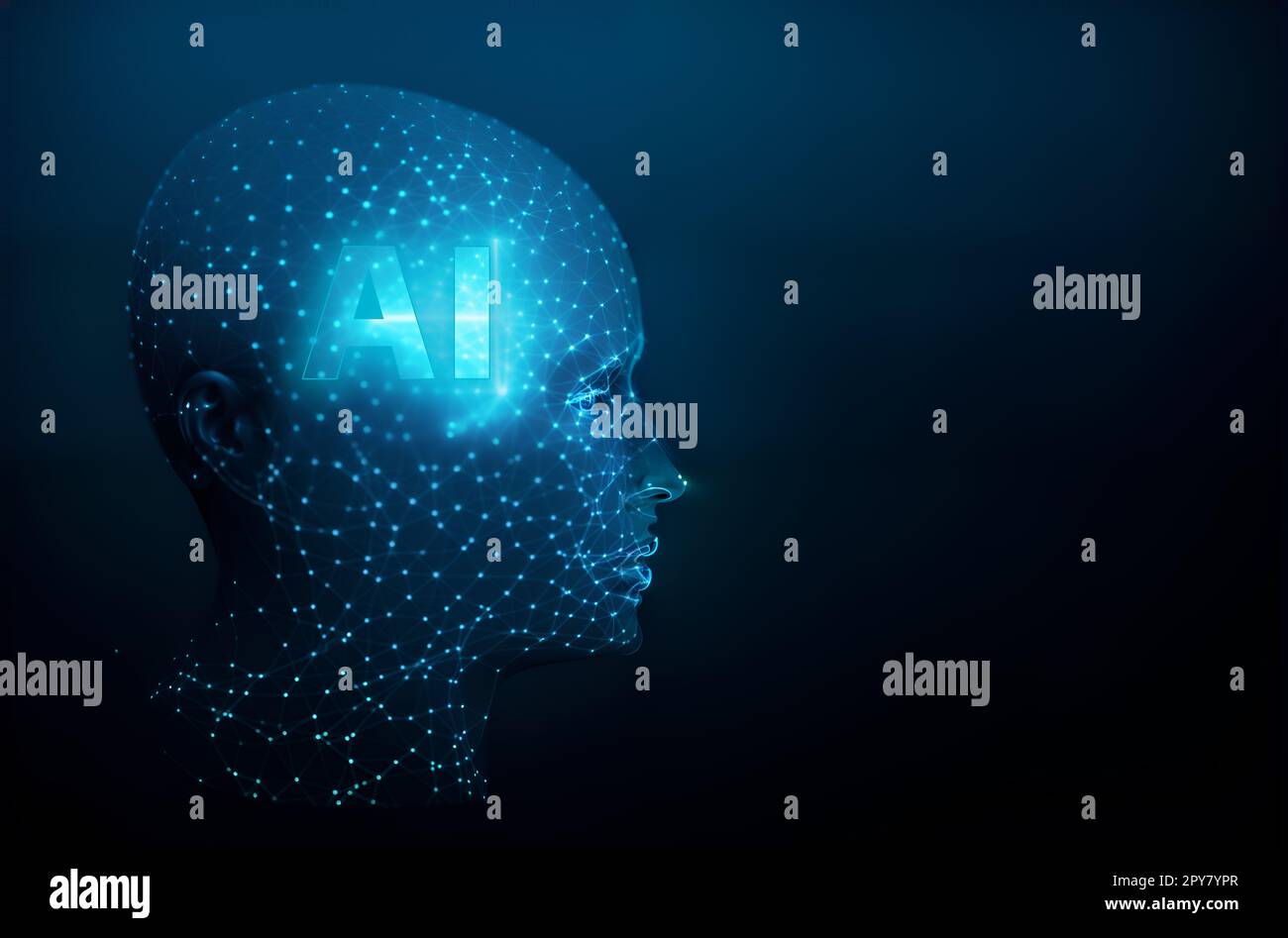 Eine Illustration, die das Konzept der künstlichen Intelligenz, des digitalen Gehirns der künstlichen Intelligenz, der Robotik und eines menschlichen Gesichts aus Polygonen darstellt. Stockfoto