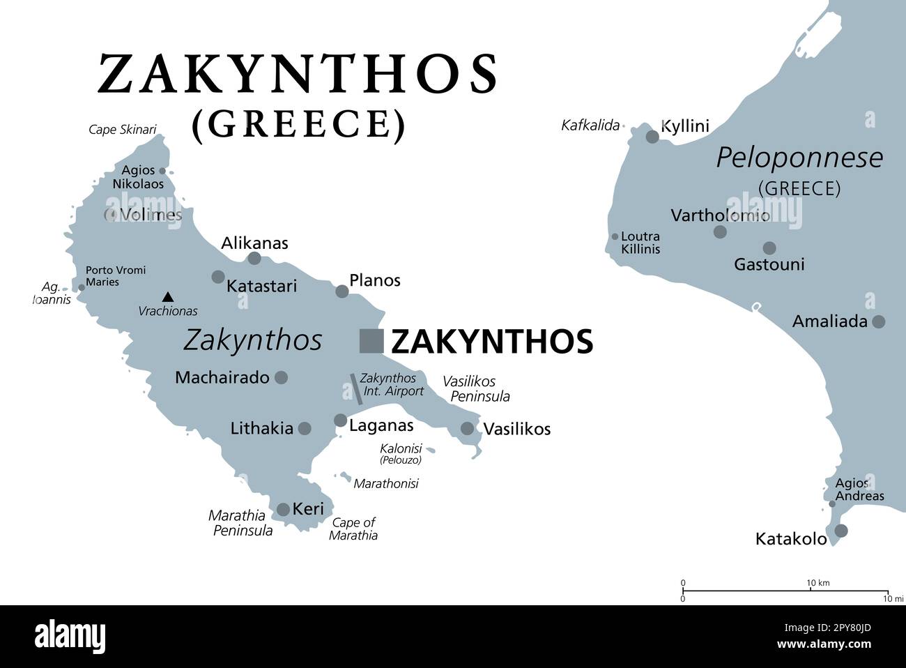 Zakynthos, griechische Insel, graue politische Karte. Auch Zakinthos oder Zante, ein Teil der Ionischen Inseln Griechenlands, und eine separate regionale Einheit. Stockfoto