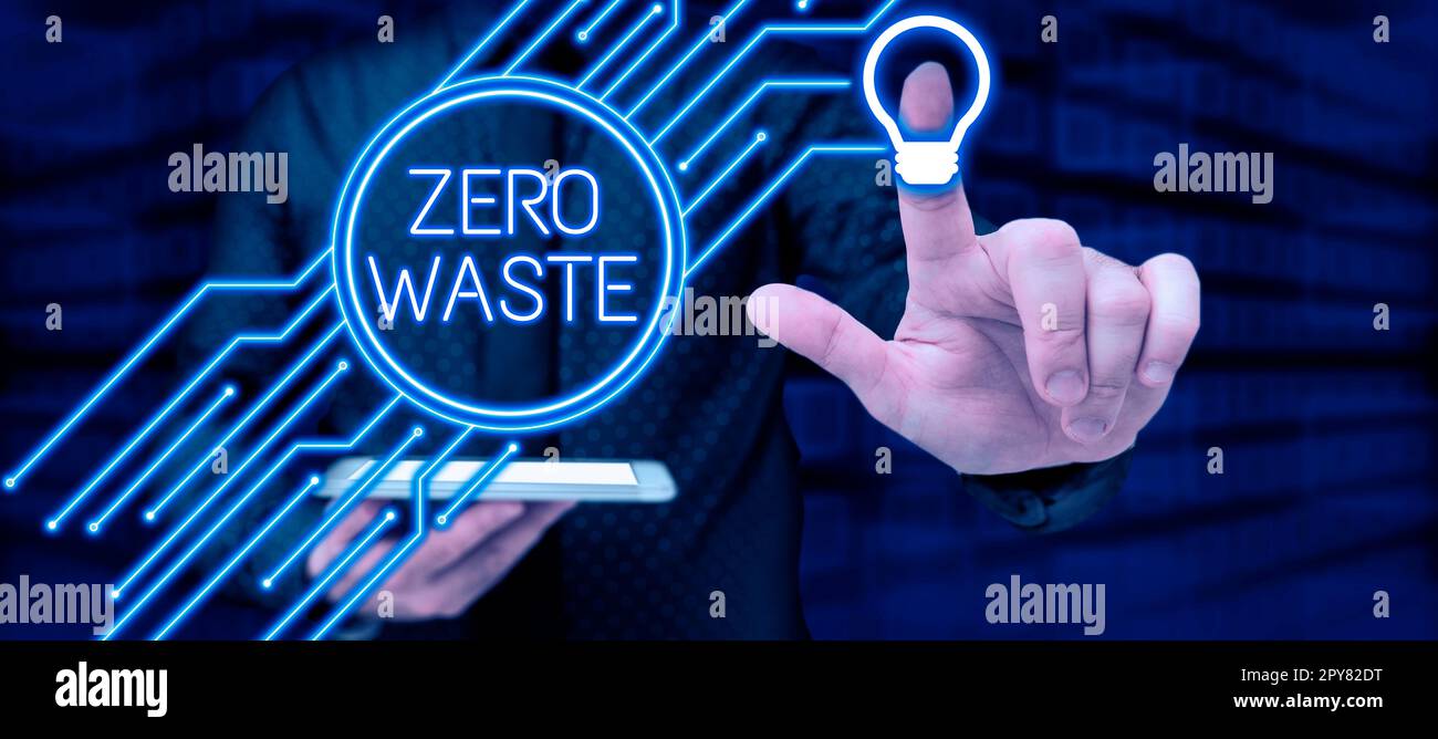 Schild mit der Aufschrift „Null Verschwendung“. Business Showcase Industrielle Verantwortung umfasst Kompostierung, Recycling und Wiederverwendung Stockfoto