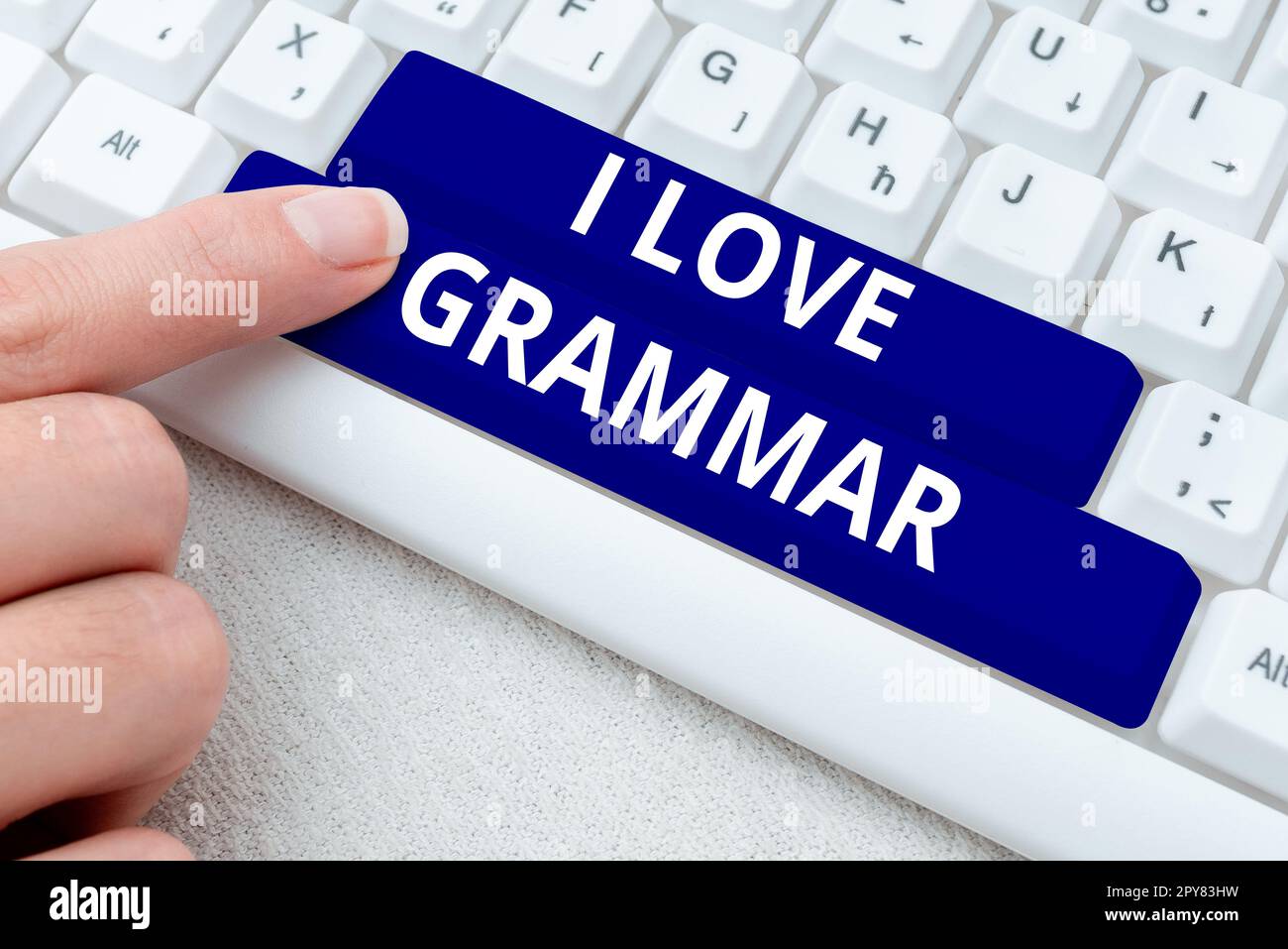 Schreiben mit Text „I Love Grammar“. Ubersichtsarbeit über Bewunderungssystem und Sprachstruktur Stockfoto
