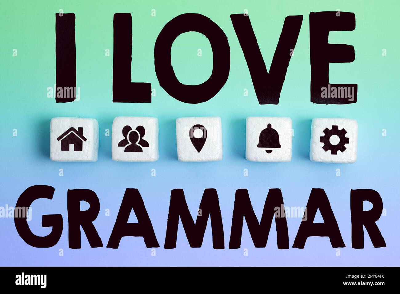 Textunterschrift mit „I Love Grammar“. Ubersichtsarbeit über Bewunderungssystem und Sprachstruktur Stockfoto