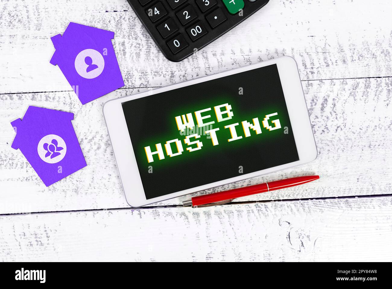 Schild mit Anzeige von Web-Hosting. Unternehmensübersicht die Bereitstellung von Speicherplatz und Zugriff für Websites Stockfoto