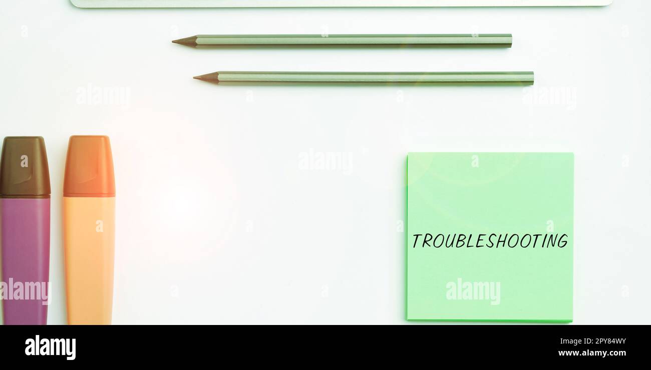 Inspiration mit Anzeige der Fehlersuche bei Schildern. Business Showcase eine Untersuchung oder Bearbeitung der Probleme ist aufgetreten Stockfoto