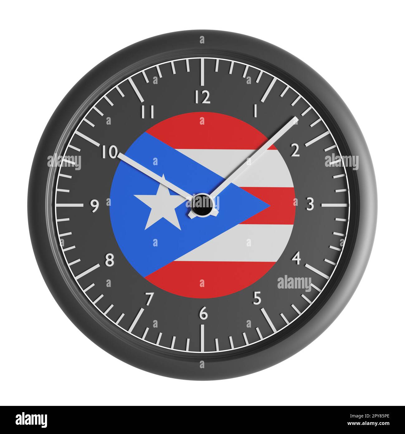 Zeichen und Symbole. Konstruktionselement. 3D Abbildung. Wanduhr mit der Flagge von Puerto Rico Stockfoto