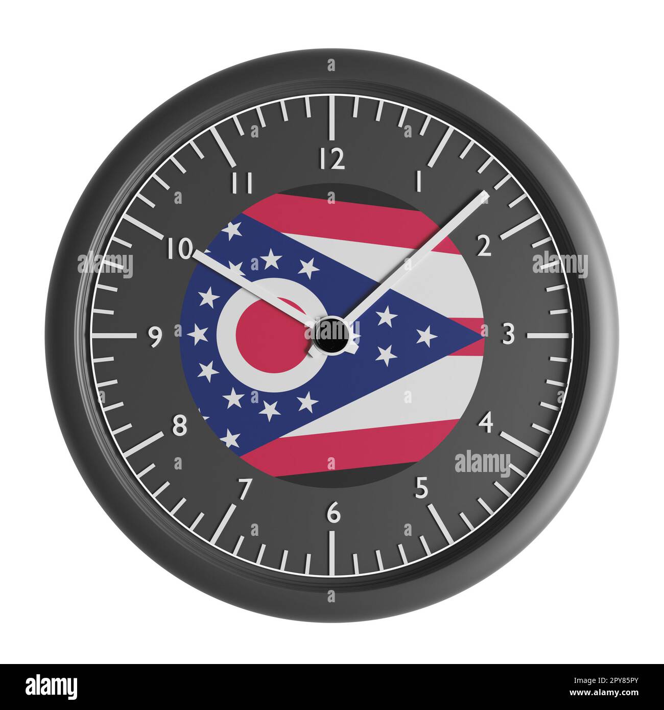 Zeichen und Symbole. Konstruktionselement. 3D Abbildung. Wanduhr mit der Flagge von Ohio Stockfoto