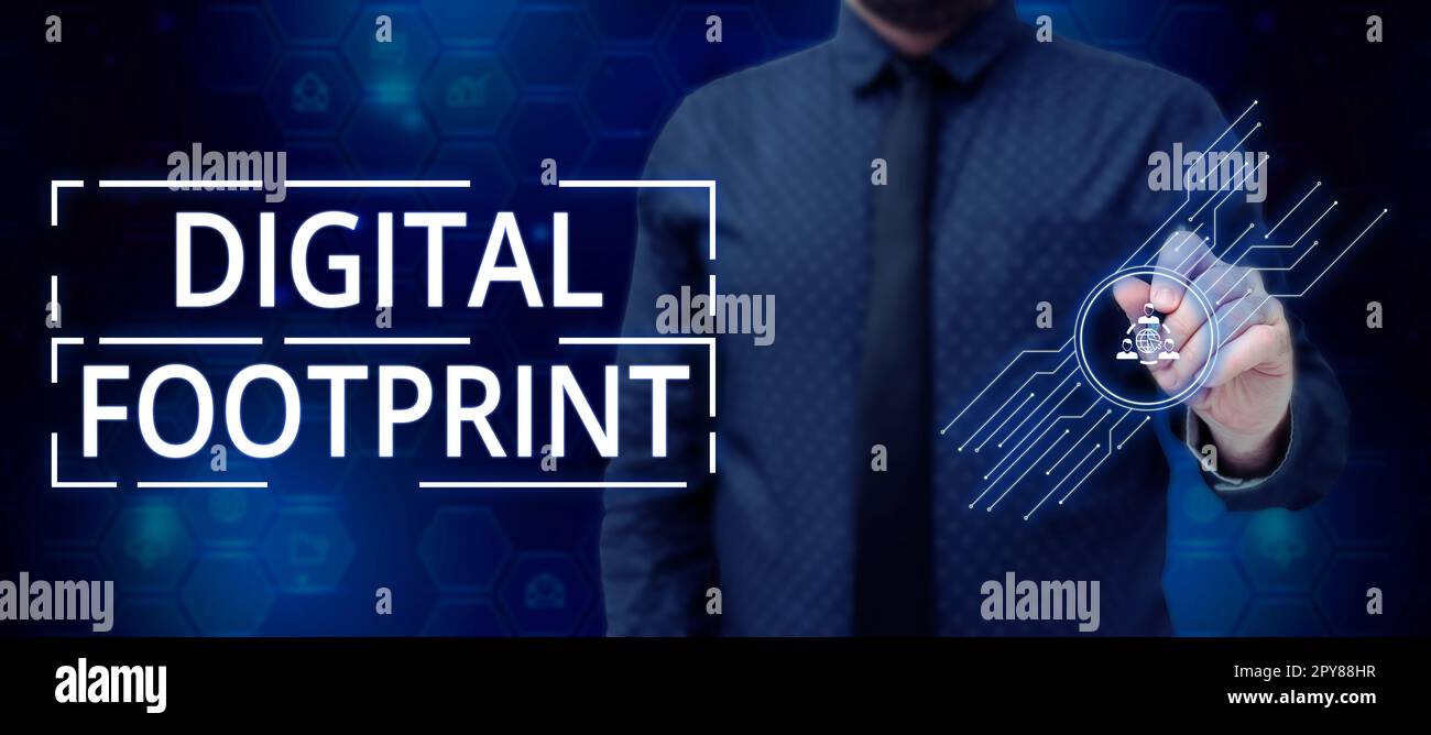 Schild, das digitalen Fußabdruck anzeigt. Word, das auf geschrieben wurde, verwendet digitale Technologie für den Fertigungsprozess Stockfoto