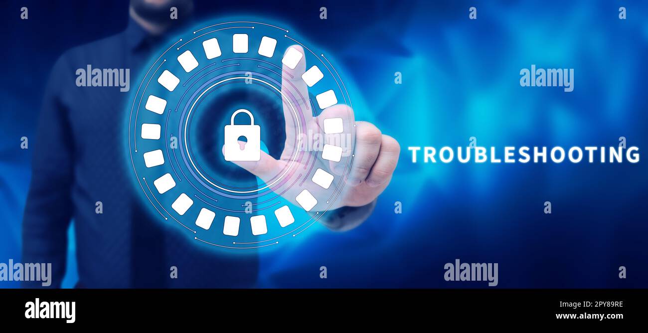 Handgeschriebenes Schild Fehlerbehebung. Geschäftsüberblick eine Untersuchung oder Behandlung der Probleme ist aufgetreten Stockfoto