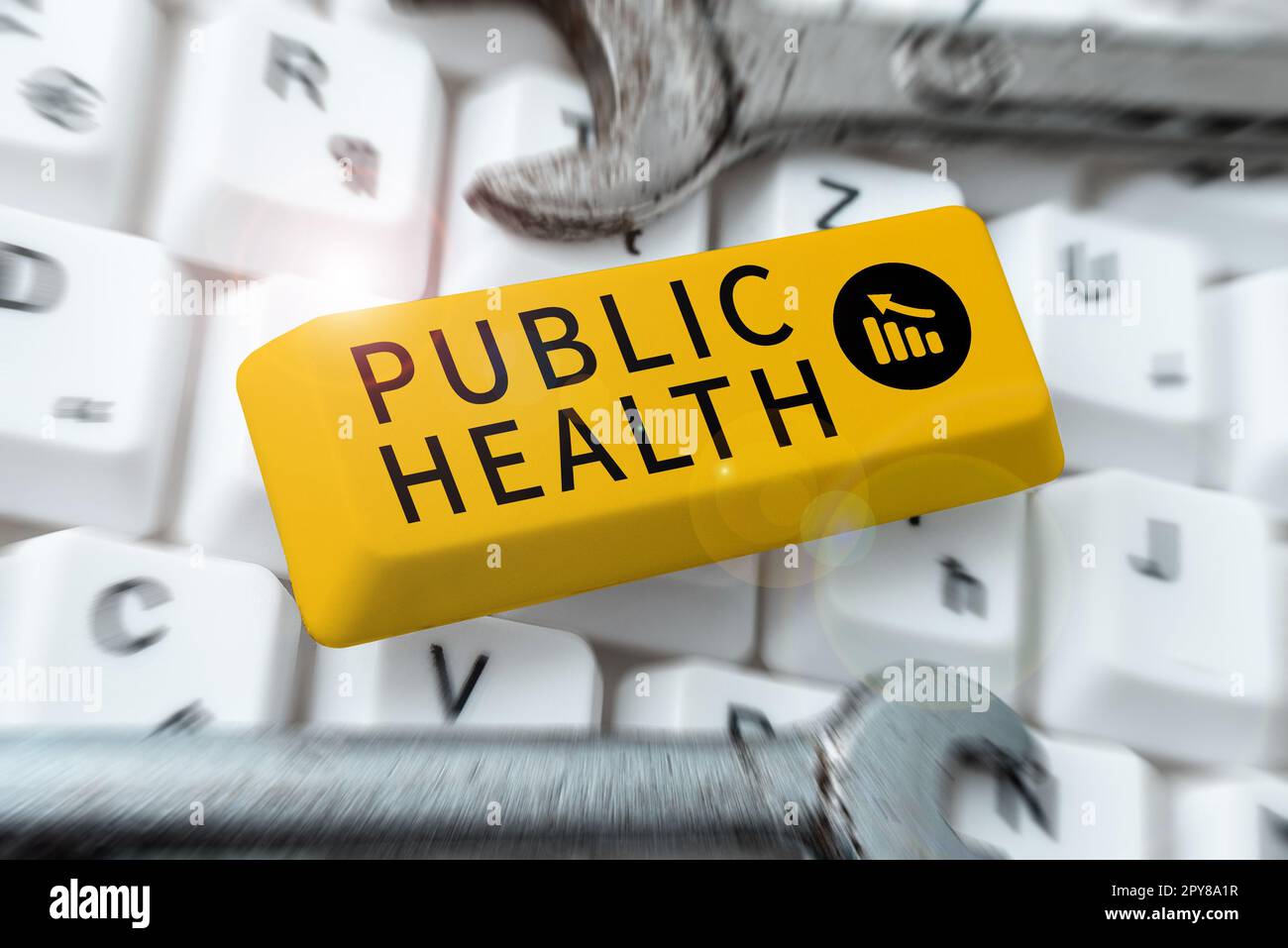 Schild mit der Anzeige der öffentlichen Gesundheit. Wort für die Förderung einer gesunden Lebensweise für die Gemeinschaft und ihre Menschen Stockfoto