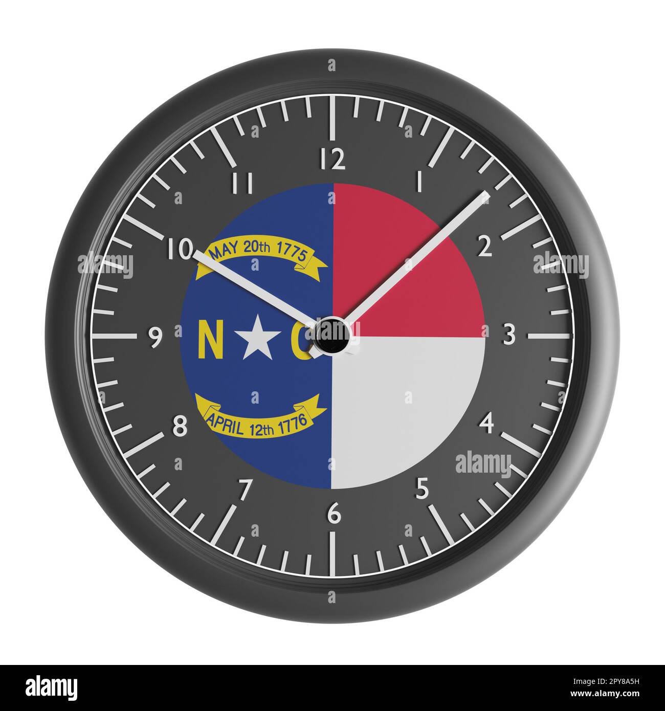 Zeichen und Symbole. Konstruktionselement. 3D Abbildung. Wanduhr mit der Flagge von North Carolina Stockfoto