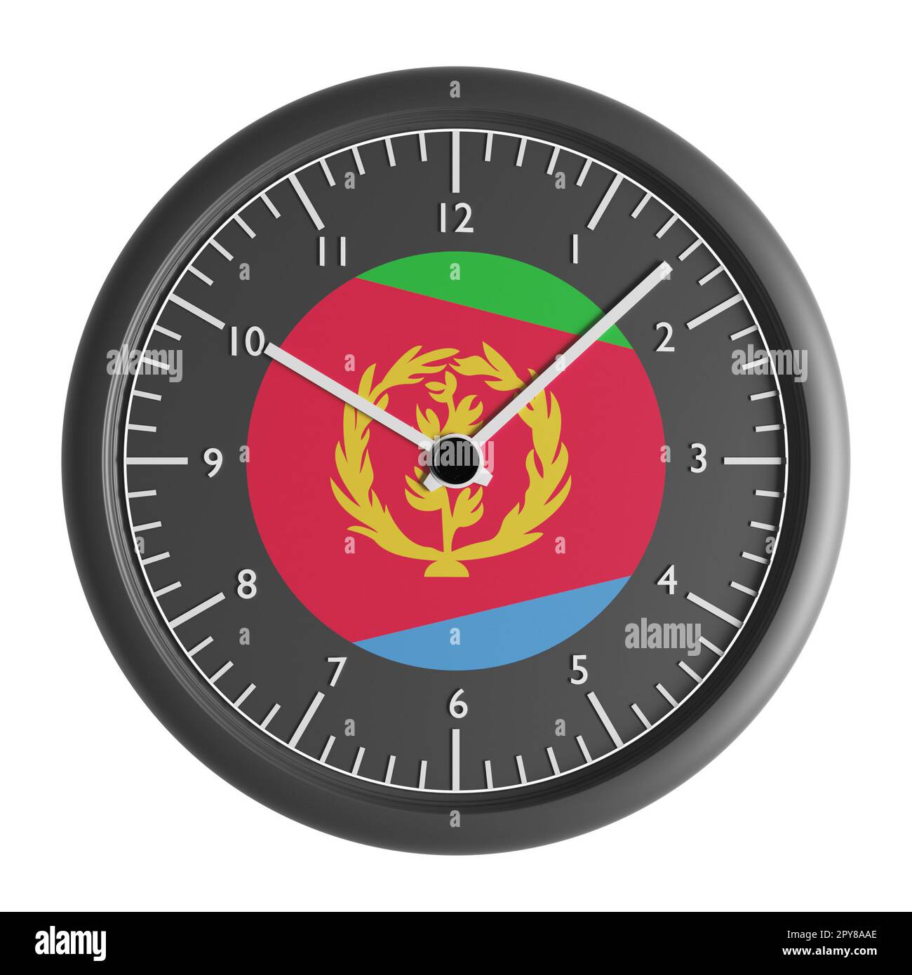 Zeichen und Symbole. Konstruktionselement. 3D Abbildung. Wanduhr mit der Flagge Eritreas Stockfoto