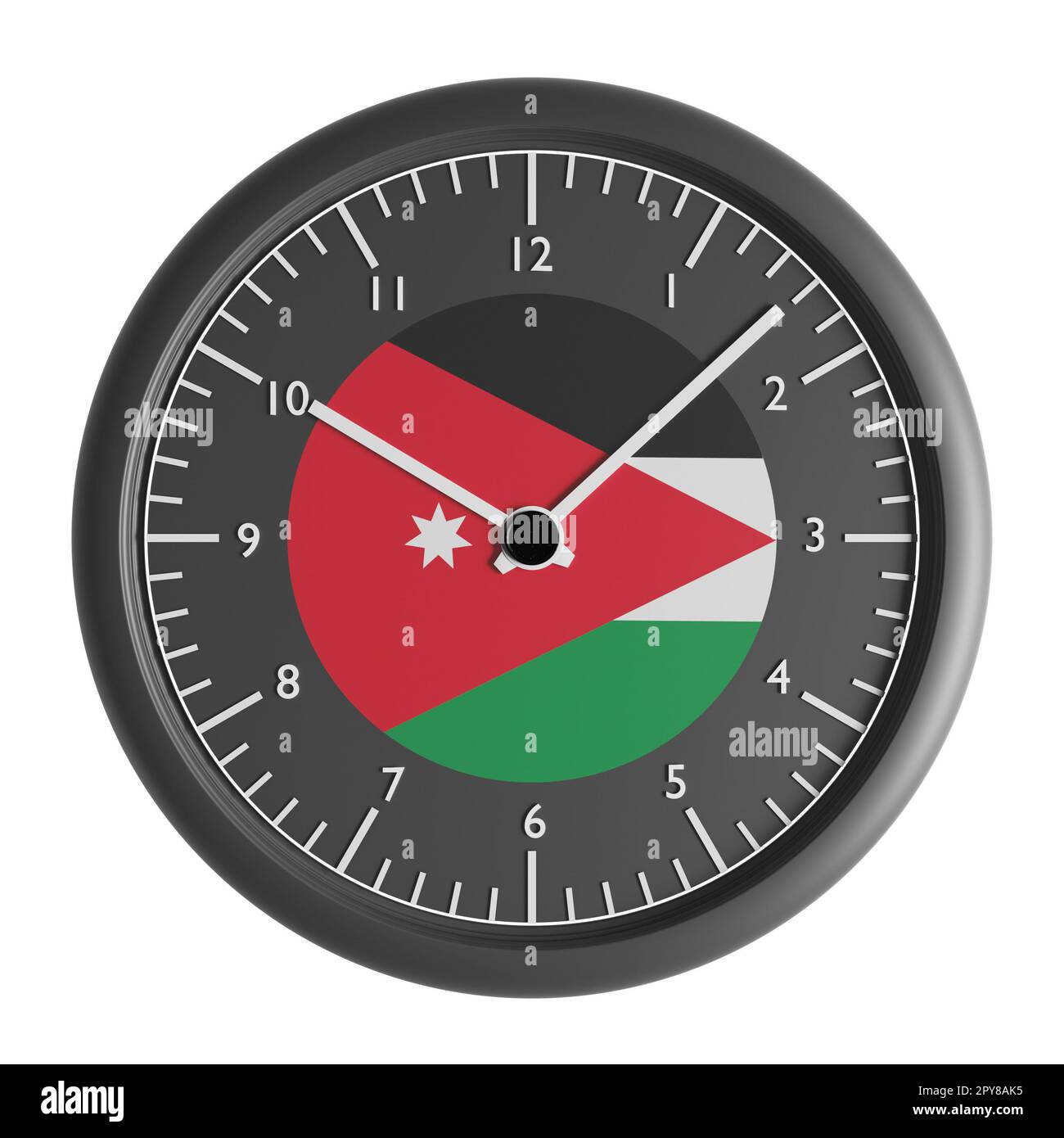 Zeichen und Symbole. Konstruktionselement. 3D Abbildung. Wanduhr mit der Flagge Jordaniens Stockfoto