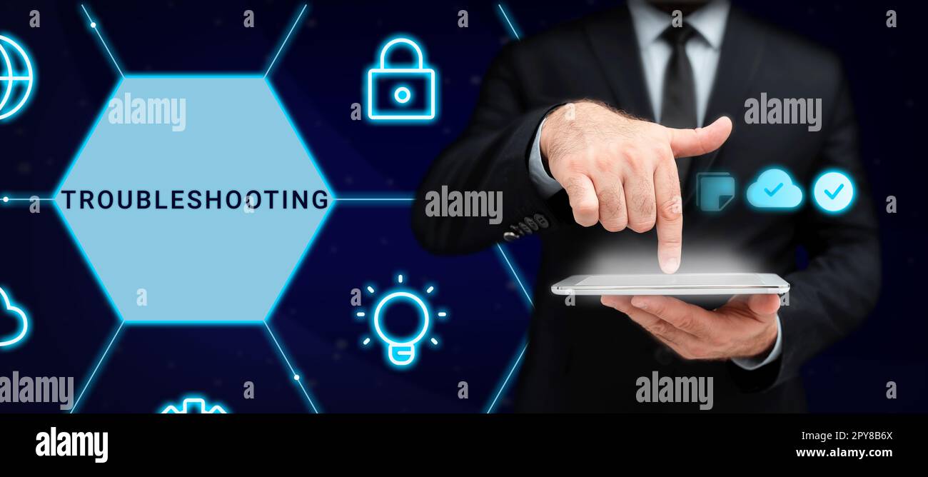 Konzeptionelle Beschriftung Fehlerbehebung. Geschäftsüberblick eine Untersuchung oder Behandlung der Probleme ist aufgetreten Stockfoto