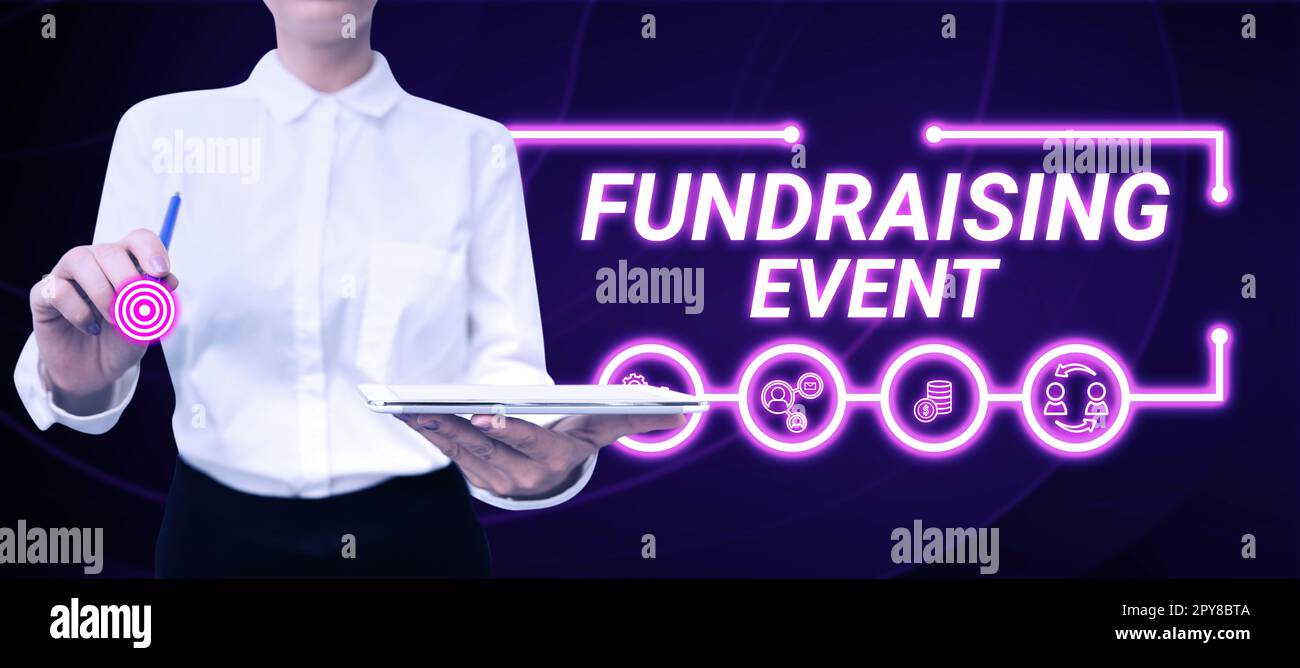 Konzeptionelle Überschrift Fundraising-Veranstaltung. Konzeptionelle Fotokampagne, deren Zweck es ist, Geld für eine Sache zu sammeln Stockfoto