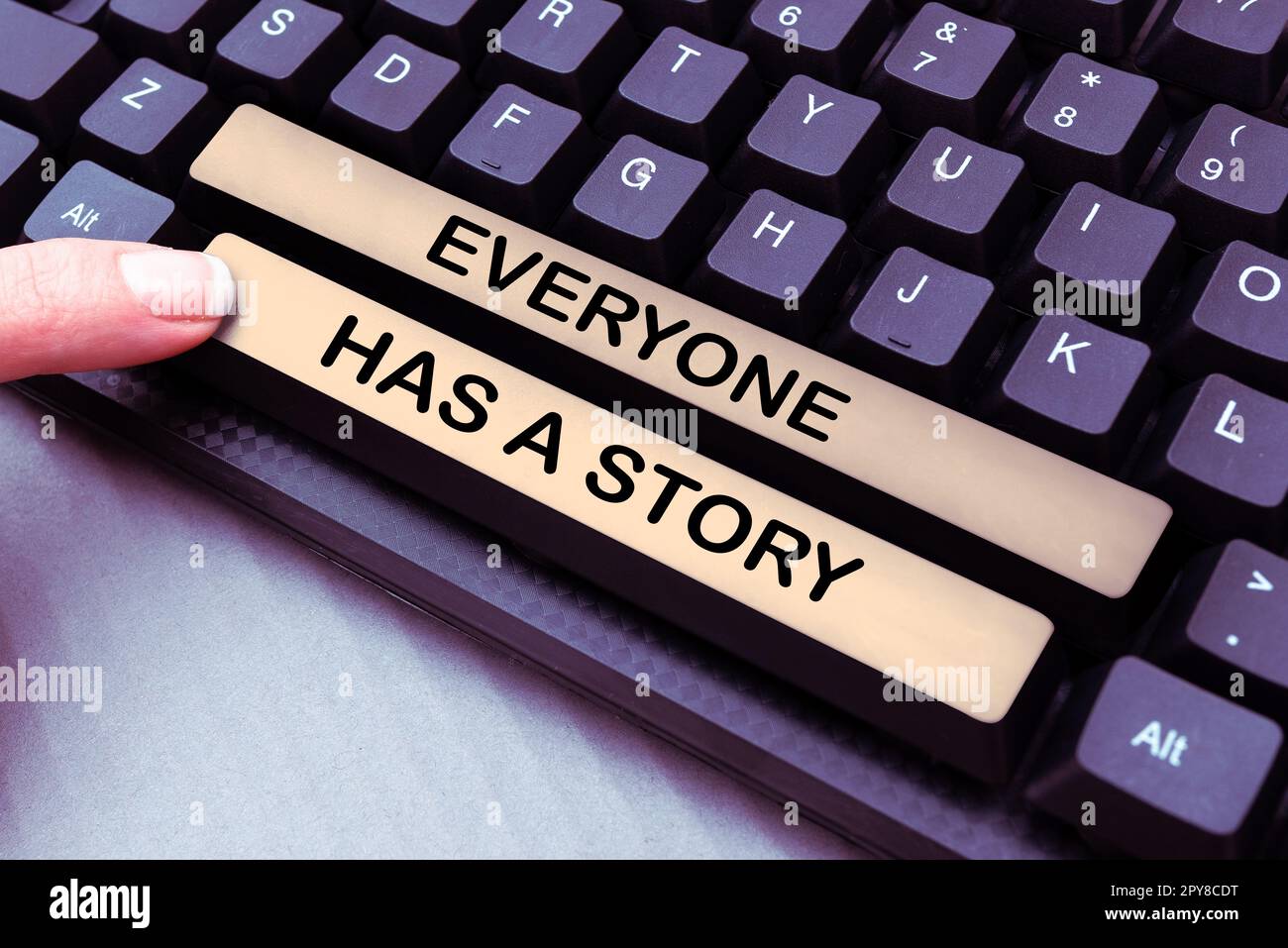 Schreiben Text anzeigen jeder hat Eine Geschichte. Unternehmensübersicht Hintergrundgeschichten Erzählen Sie Ihre Erinnerungen Stockfoto