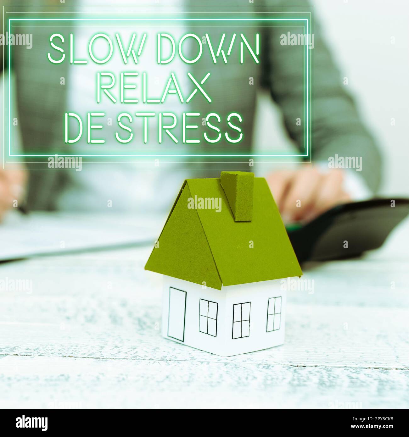 Schreiben, Textanzeige langsamer Relax De Stress. Geschäftsansatz Pause Stresspegel reduzieren Ruhe bewahren Stockfoto