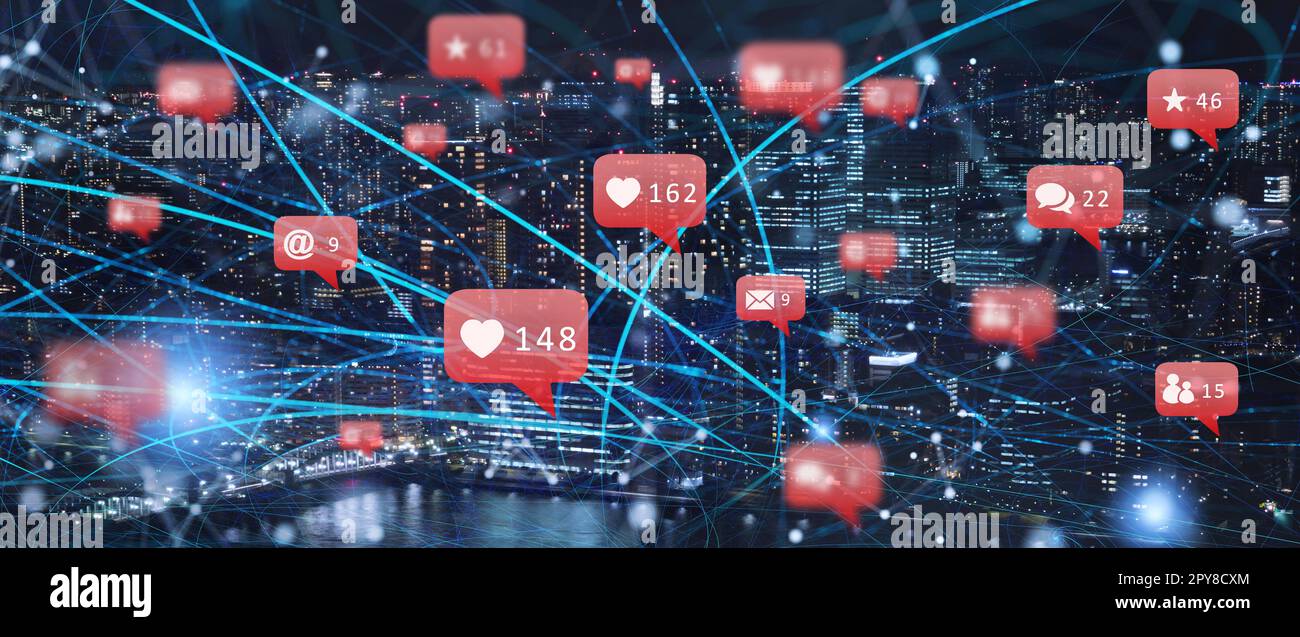 Schnelle Verbindung in die Stadt bei Nacht. Konzept der sozialen Netzwerk und Internet Netzwerk Stockfoto