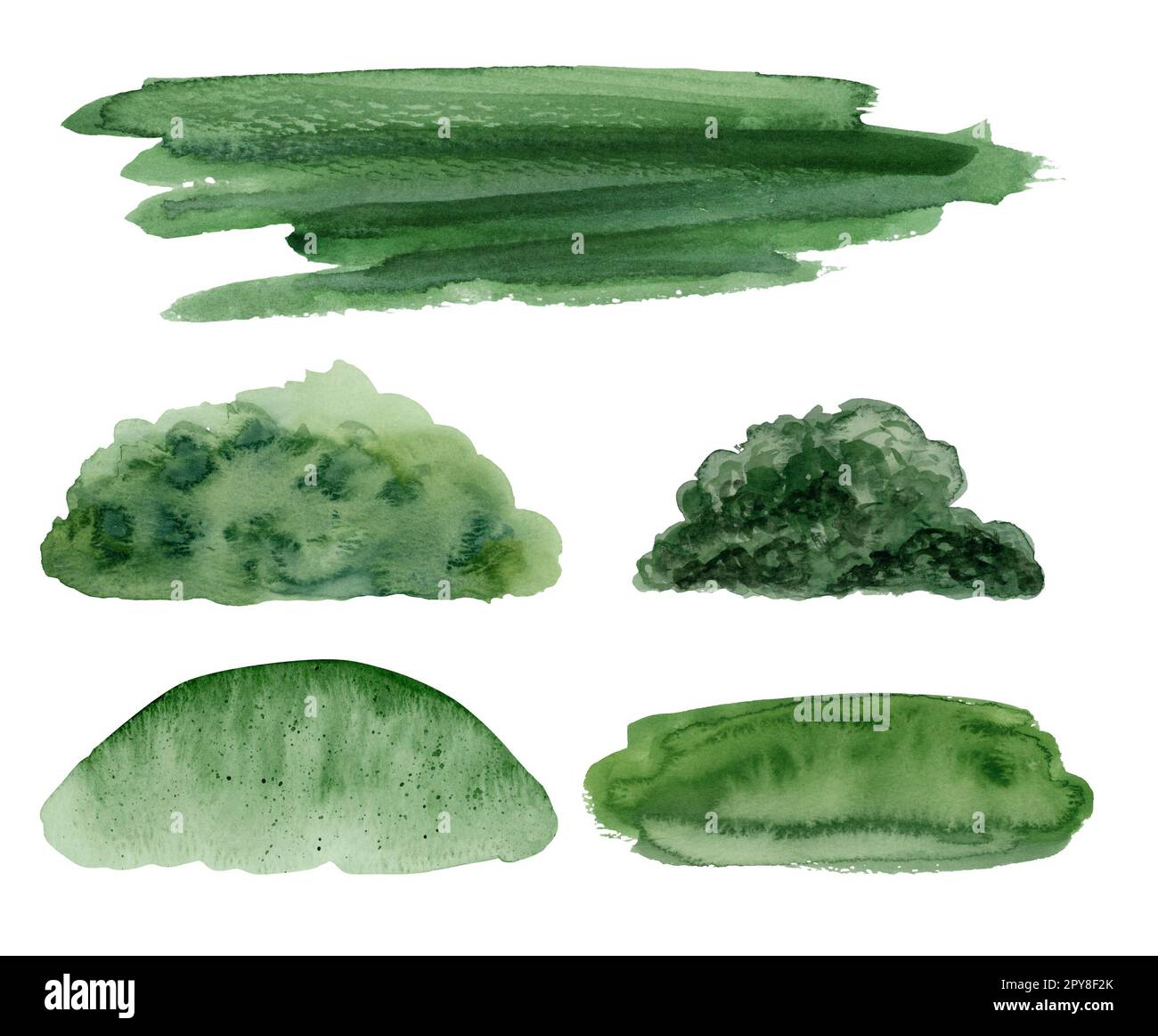 Aquarell Sommerwaldbüsche, Hügel und Rasen Illustrationsset. Abstrakte grüne Striche und Spritzer Stockfoto