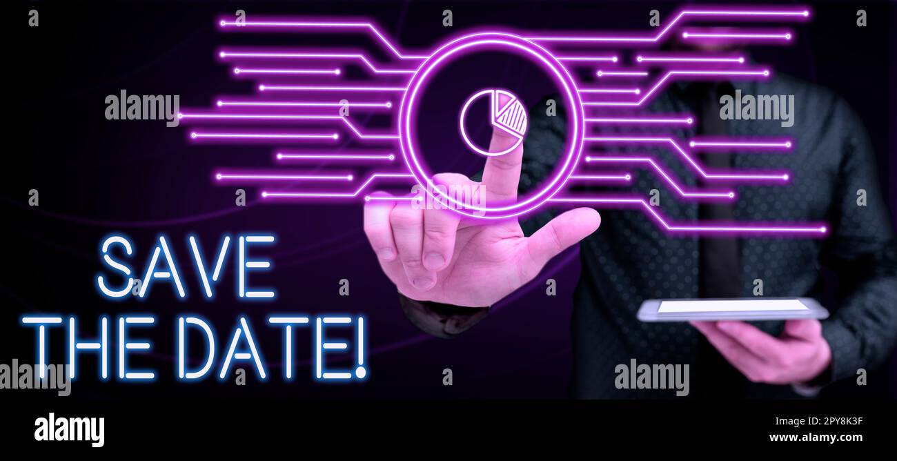 Unterschreiben Sie mit „Save the Date“. Wort für Terminkalender markieren Sie die Kalendereinladung Stockfoto