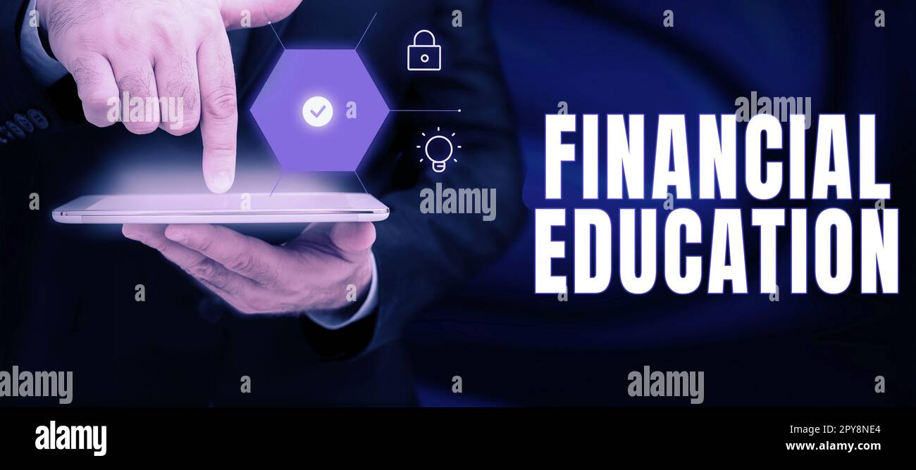 Inspiration mit Schild „Financial Education“. Ein Wort für das Verständnis von Währungsbereichen wie Finanzen und Investitionen Stockfoto