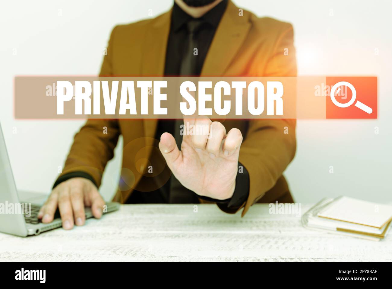 Begrifflicher Titel Private Sector. Unternehmen zeigen einen Teil einer Volkswirtschaft, der nicht von der Regierung kontrolliert wird oder sich nicht im Eigentum der Regierung befindet Stockfoto