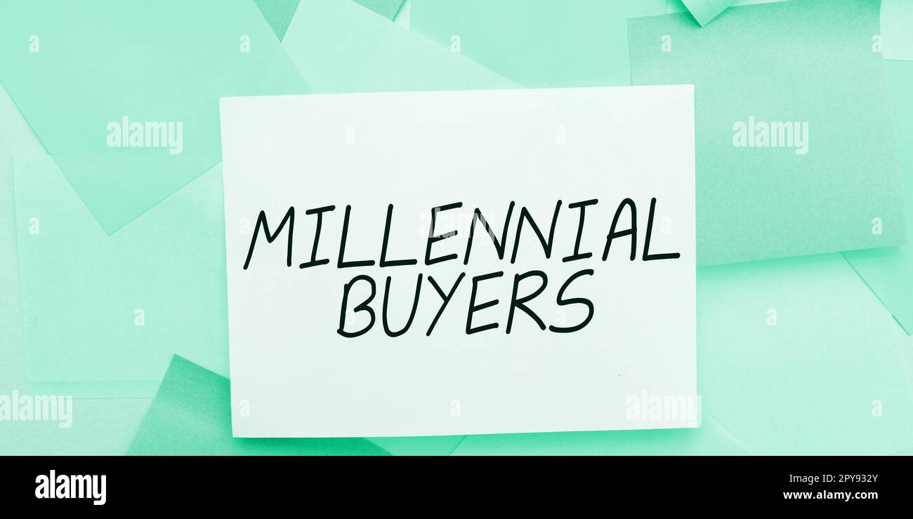 Schild mit den Millennial Buyers. Geschäftsidee Typ der Konsumenten, die an Trendprodukten interessiert sind Stockfoto