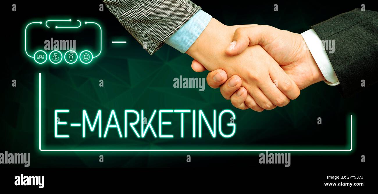 Konzeptionelle Darstellung E-Marketing. Business-Ideengeschäft, das Produkte oder Dienstleistungen elektronisch verkauft Stockfoto