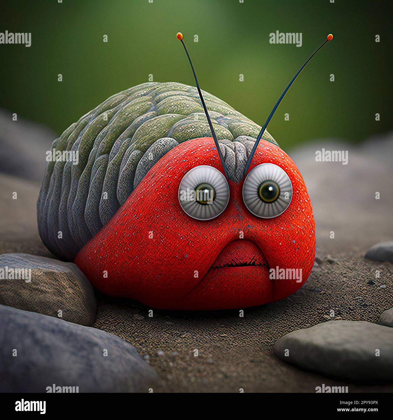 Eine Digital-Art-Darstellung eines süßen Käfers mit großen Augen, empfindlichen Antennen und weicher, unscharfer Textur hat einen komischen, wütenden Ausdruck Stockfoto