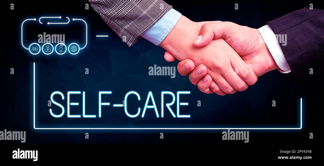 Handschriftlicher Text Self Care. Unternehmensübersicht die Praxis, Maßnahmen zur Verbesserung der eigenen Gesundheit zu ergreifen Stockfoto