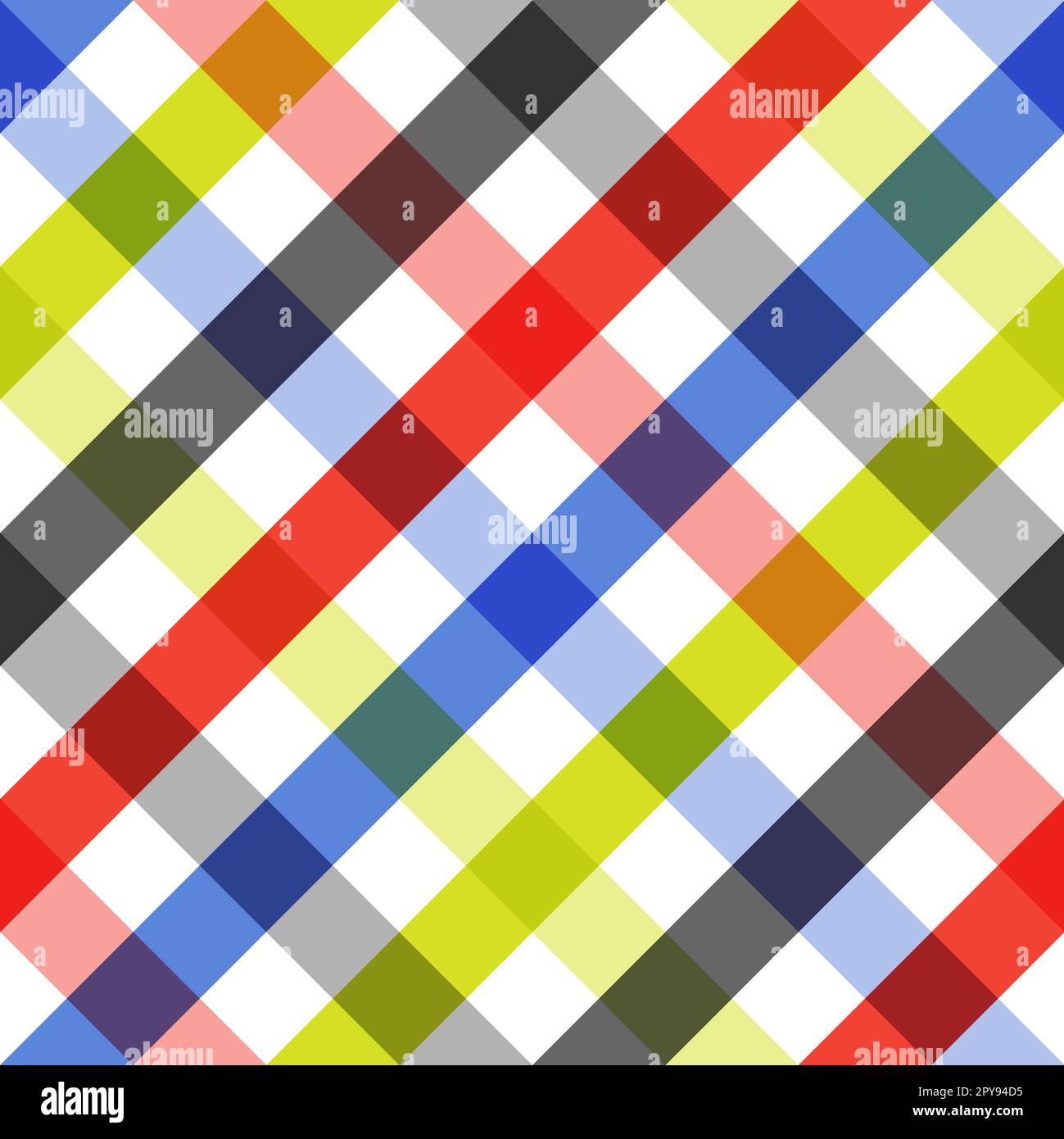 Klassische Zelle diagonal. Farbe: Blau, Grün, Grau und Rot auf weißem Hintergrund. Nahtloses Muster für Grafikdesign, Stoff, Textil und Mode. Stockfoto