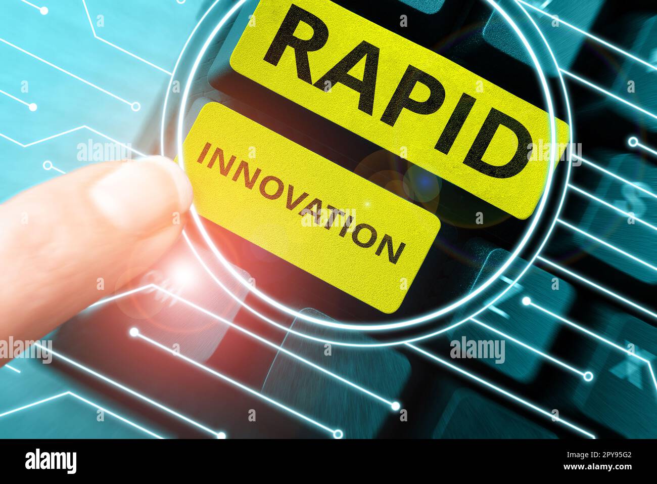 Textzeichen mit Rapid Innovation. Wort, das auf einer Website geschrieben wird, die Suchmaschinenalgorithmen verwendet Stockfoto