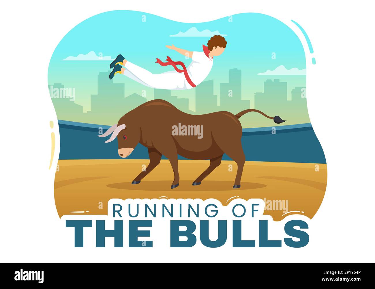 „Running of the Bulls Illustration with Bullfighting Show in Arena“ in einem flachen Cartoon, handgezeichnet für Webbanner oder Landing-Page-Vorlage Stockfoto