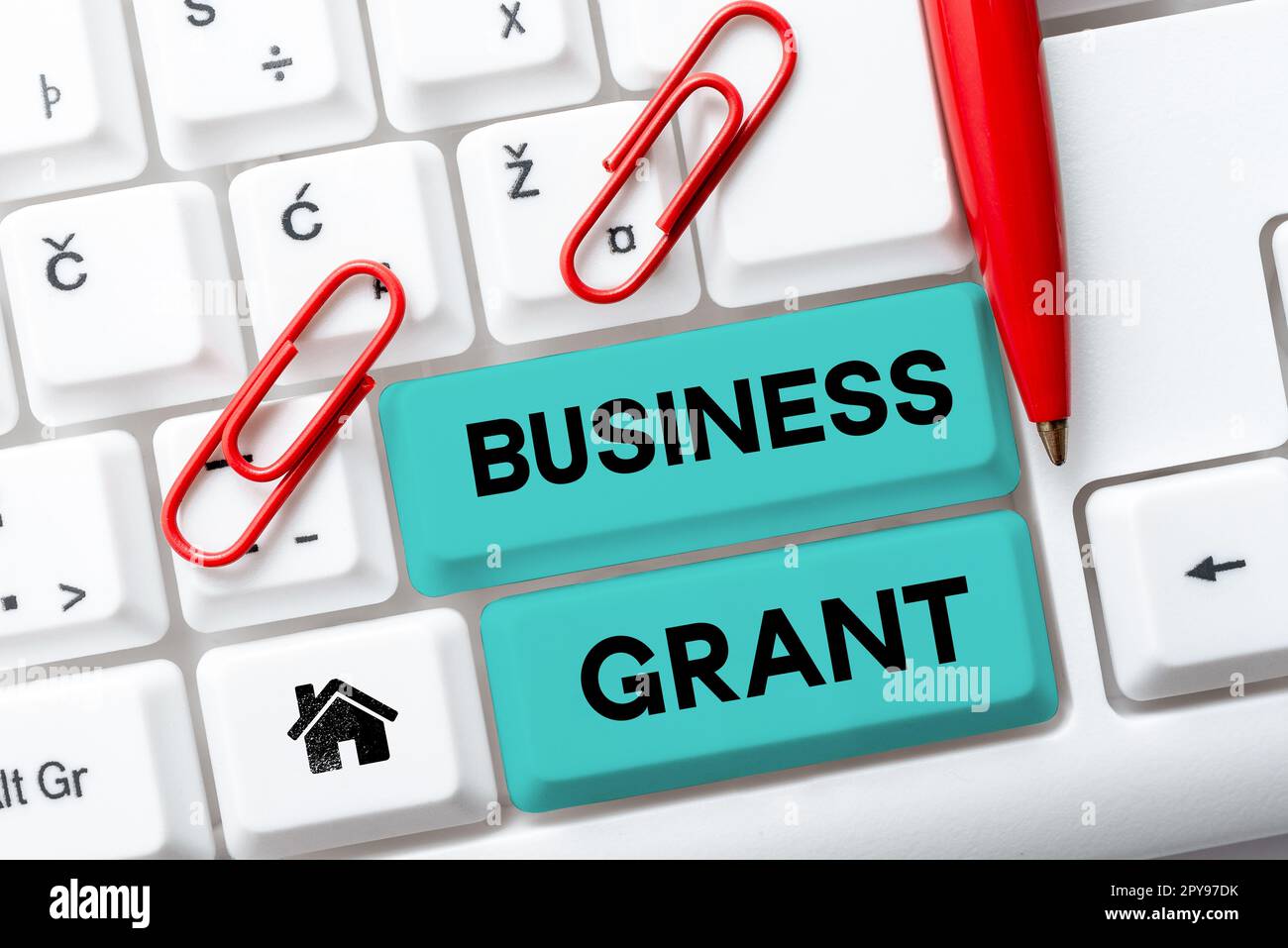 Handschriftliches Schild "Business Grant". Mit den Arbeitsstrategien für das Internet-Konzept werden Ziele erreicht Stockfoto