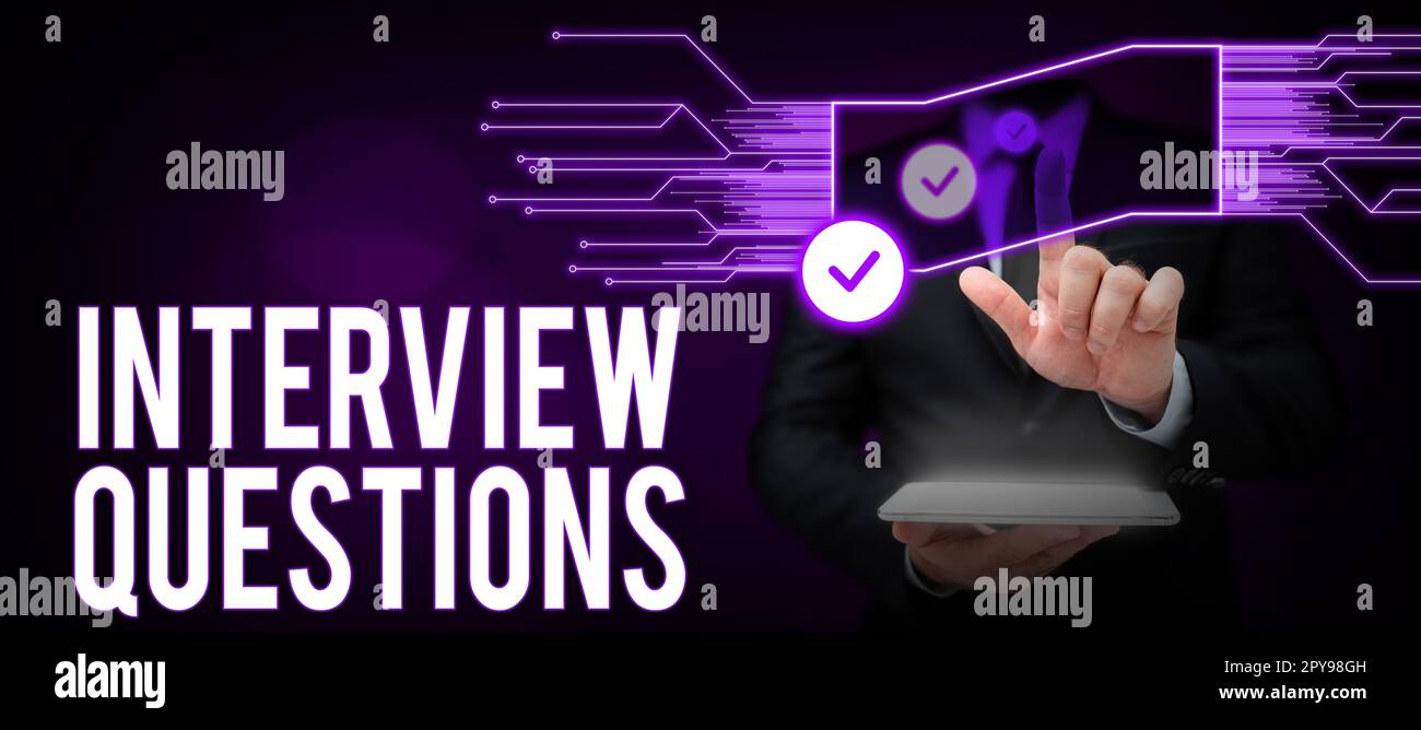 Handschriftlicher Text Interview-Fragen. Geschäftsüberblick typisches Thema, das während eines Interviews gefragt oder erkundigt wird Stockfoto