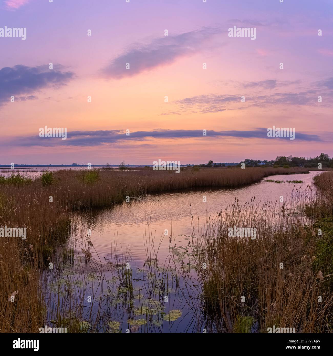 Ein quadratisches 1:1-Foto eines Sonnenuntergangs bei Zuidlaardermeer, einem 540 Hektar großen See mit zusätzlichen 120 Hektar Küstenlandschaft nördlich von Zuidlaren und Südwesten Stockfoto