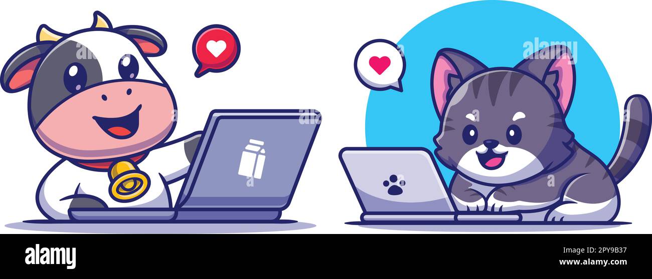 Süße Kuh, die an einem Laptop-Cartoon arbeitet, Vektorsymbol-Illustration. Animal Technology Icon Konzept isolierte Premium Vector von The Greatest Graphics Stock Vektor