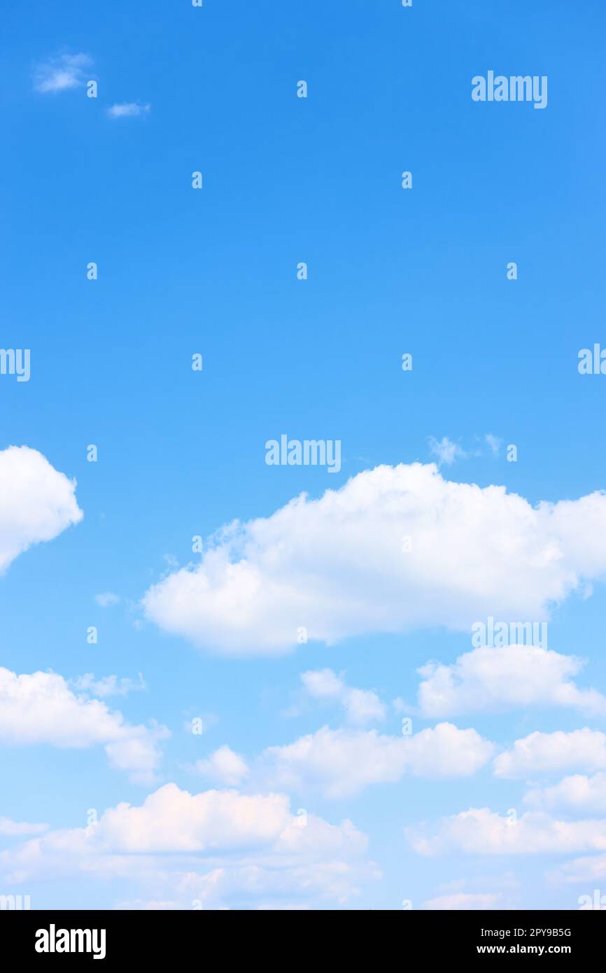 Blauer Himmel mit weißen Kumuluswolken. Vertikaler Hintergrund mit viel Platz für Ihren eigenen Text Stockfoto