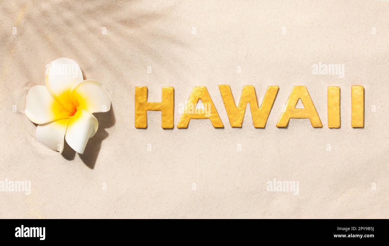 Hawaii: Goldene Buchstaben in weißem Sand und Plumeria-Blume Stockfoto