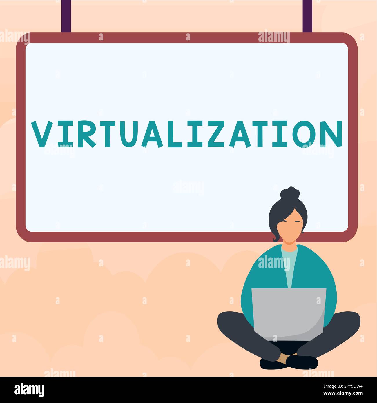 Handschriftliches Schild Virtualisierung. Wort für die Anwendung virtueller Umgebungen auf Computerspiele Stockfoto