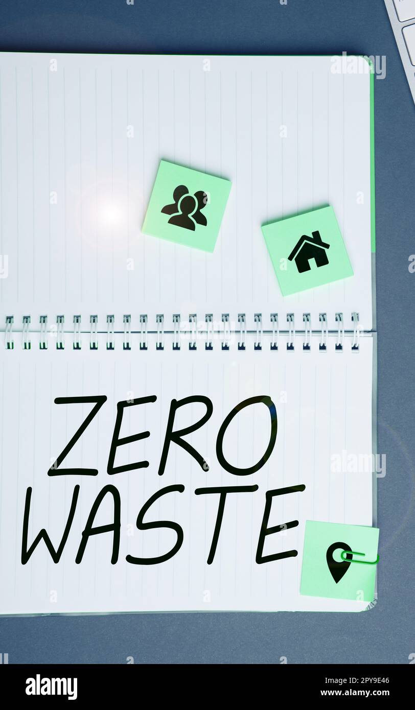 Handschrifttext Null Verschwendung. Geschäftskonzept industrielle Verantwortung umfasst Kompostierung, Recycling und Wiederverwendung Stockfoto