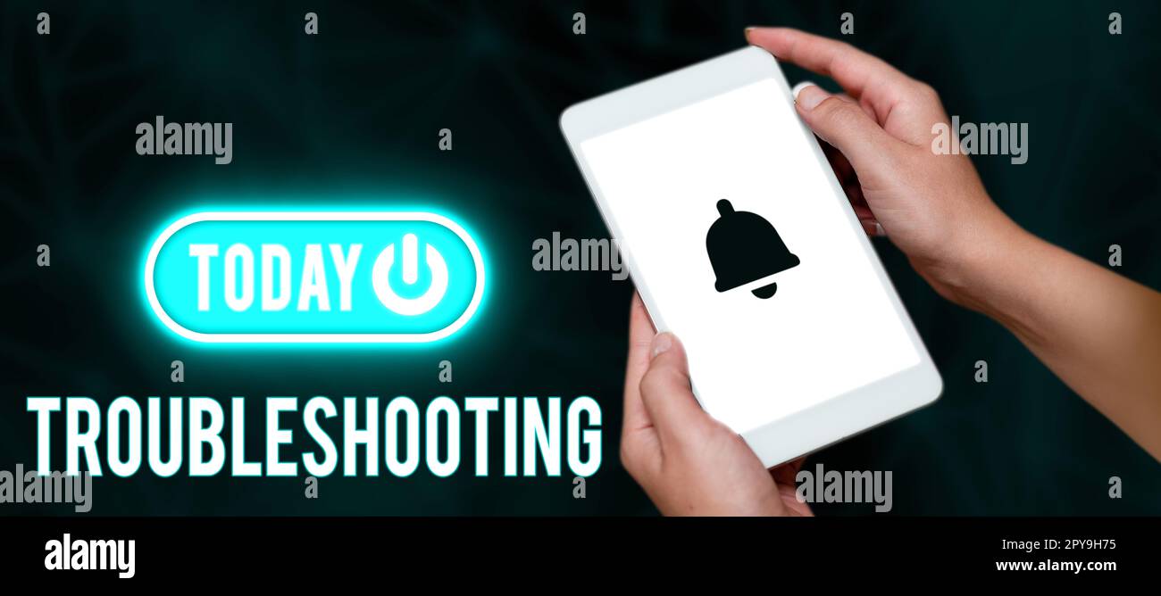 Schild zeigt Fehlerbehebung an. Begriff, der eine Untersuchung oder Behandlung der Probleme bedeutet Stockfoto