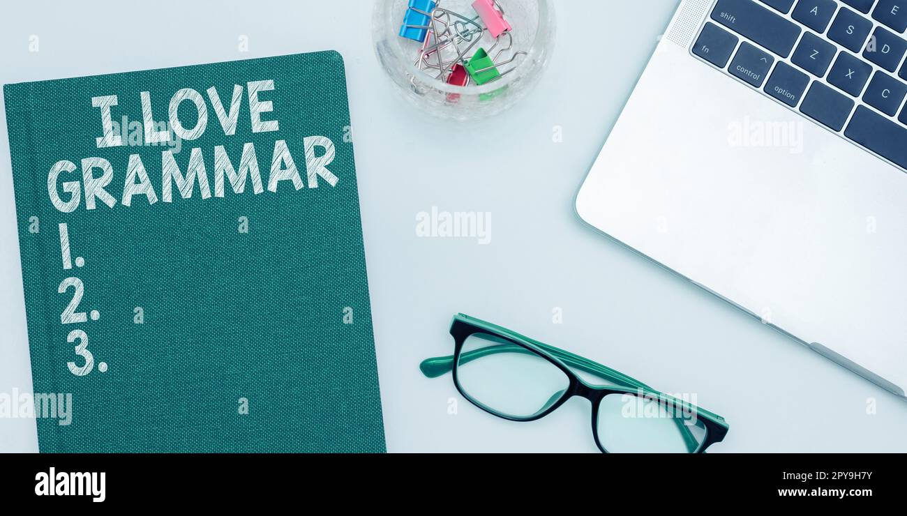 Konzeptionelle Beschriftung I Love Grammar. Geschäftsbegriffshandlung des Bewunderungssystems und der Sprachstruktur Stockfoto