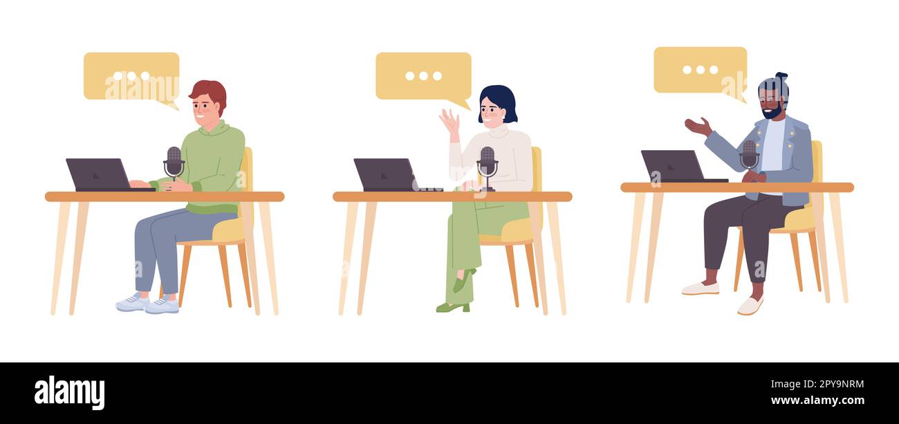 Podcaster mit Laptops, die an Tischen sitzen, sind halbflache Vektorfiguren Stock Vektor