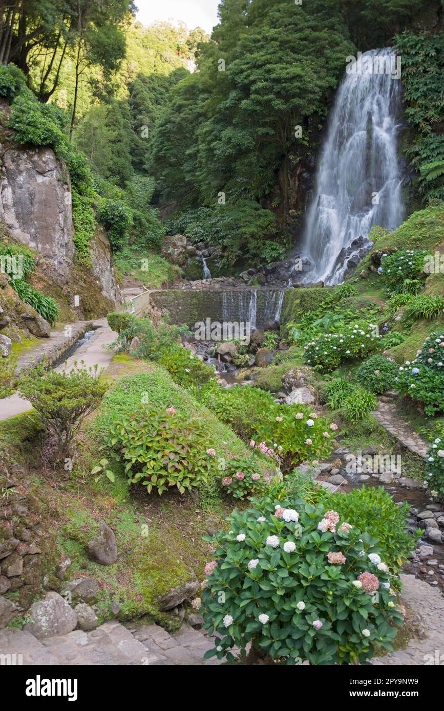 Wasserfall im Flusstal, Ribeira dos Caldeiroes, Sao Miguel, Azoren, Portugal Stockfoto