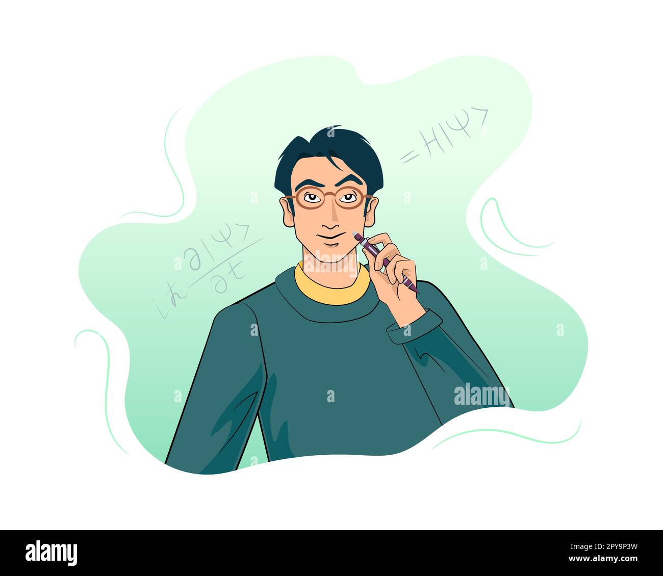 Junger erwachsener, fröhlicher asiatischer Student mit Druckbleistift in der Hand, Augenbraue angehoben. Quantenphysik-Gleichung. Männliche Figur in dunkelblauem Pullover. Stock Vektor
