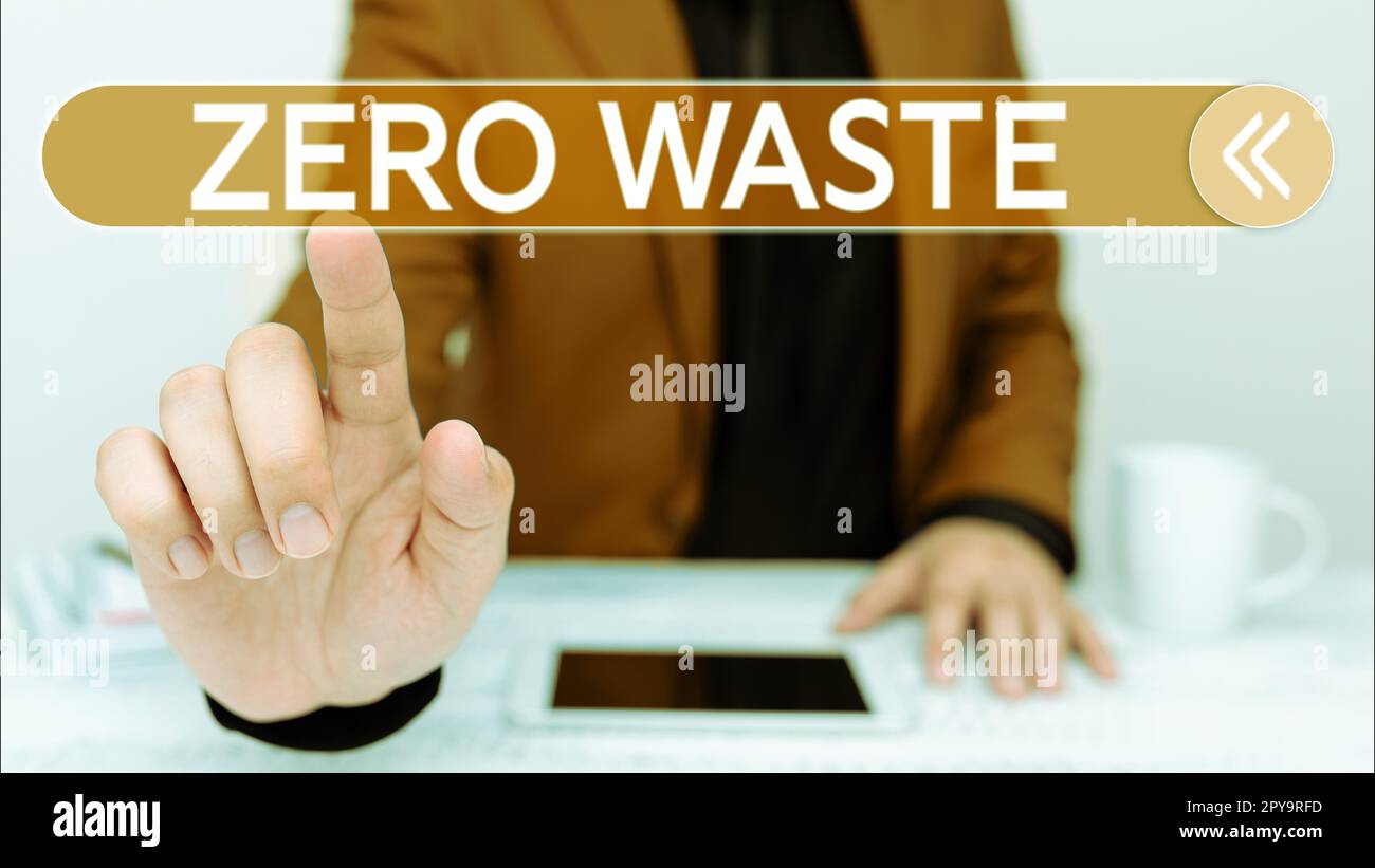 Inspiration mit dem Schild „Null Abfall“. Business Showcase Industrielle Verantwortung umfasst Kompostierung, Recycling und Wiederverwendung Stockfoto