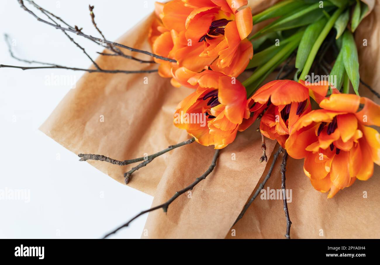 Ein sehr schöner Frühlingsstrauß aus orangefarbenen Pfingstrosen, zusammen mit Zweigen junger Kirschen, liegt in Handwerkspapier auf einem weißen Tisch. Stockfoto
