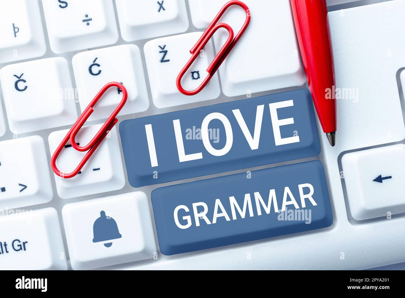Handschrift für "I Love Grammar". Begrifflicher Fotoakt des Bewunderungssystems und der Sprachstruktur Stockfoto