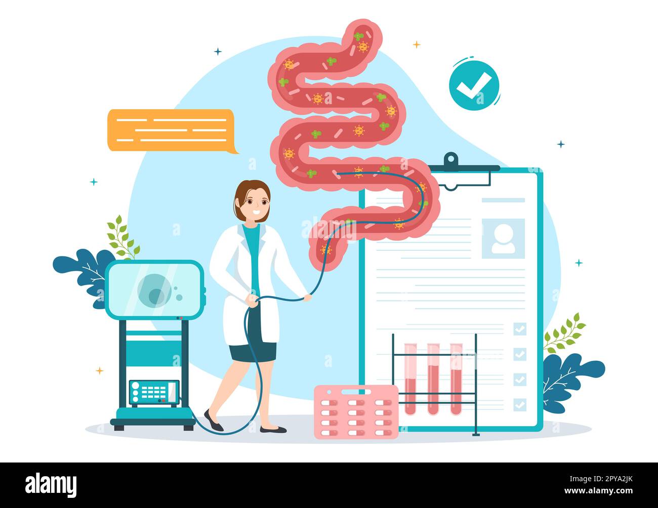 Proktologe oder Koloskopie Illustration mit einem Arzt untersucht den Dickdarm und schädliche Bakterien in Cartoon Hand Drawn for Landing Page Templates Stockfoto