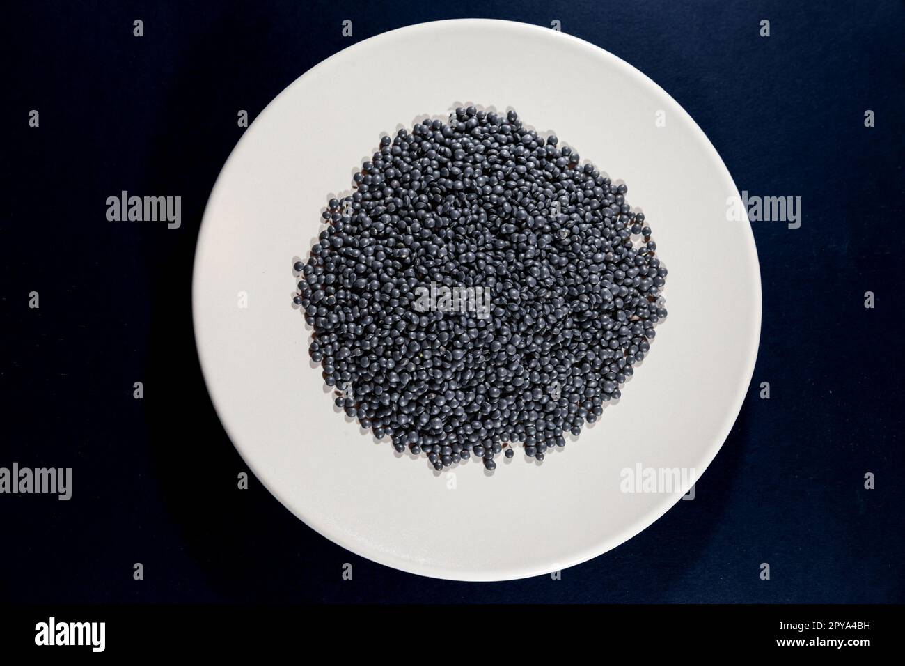 Bild von schwarzen Linsen vom Typ Beluga-Linsen auf einem Schild. Die Linse (Lens culinaris oder Lens esculenta) ist eine essbare Hülse. Es ist ein Stockfoto