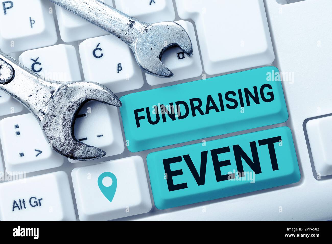 Schild mit Fundraising-Veranstaltung. Konzept bedeutet Kampagne, deren Zweck es ist, Geld für eine Sache zu sammeln Stockfoto